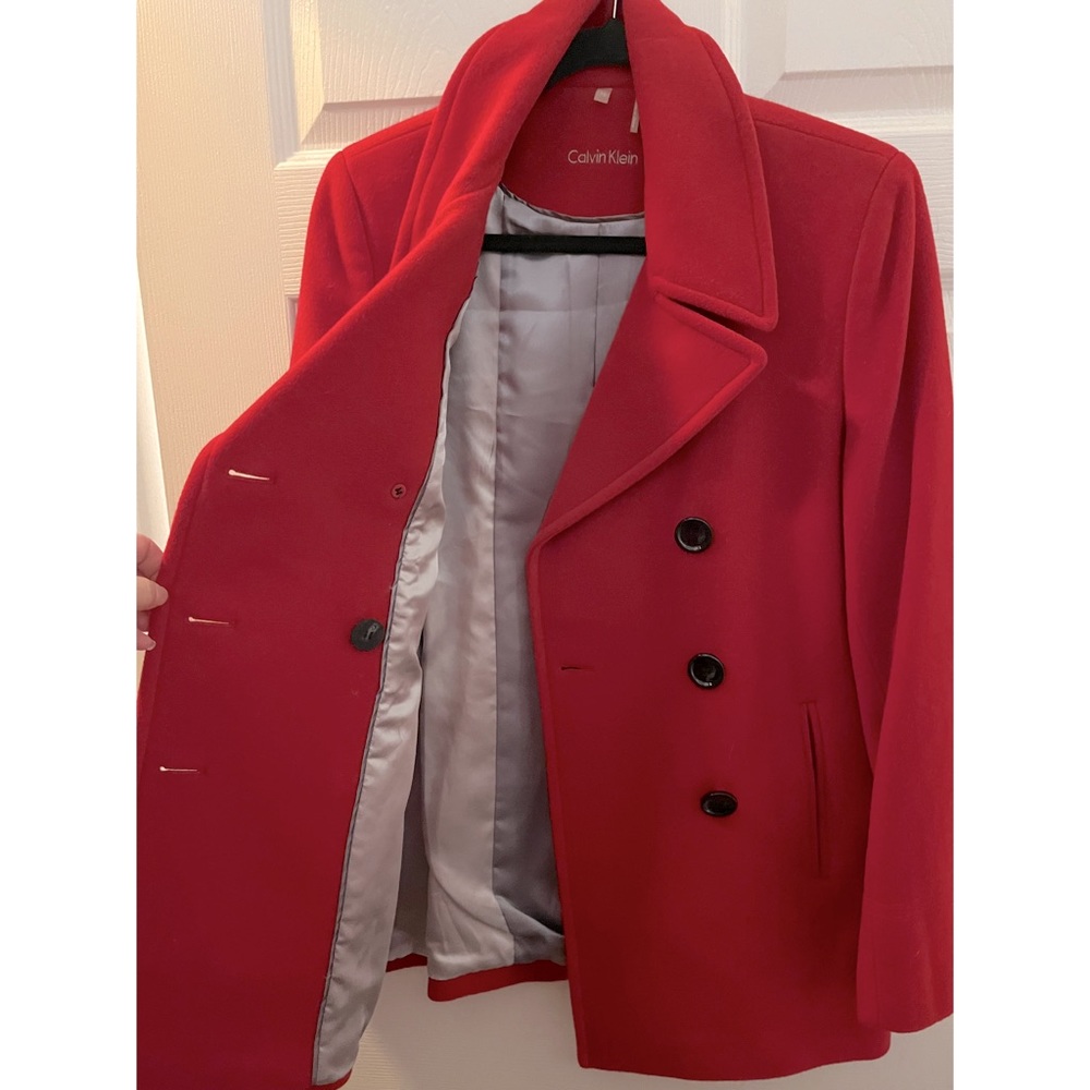 ❣️Calvin Klein Red Classic Winter Fall Autumn 100% Wool Pea Coat Size 10 Large❣️ - Picture 6 of 13
